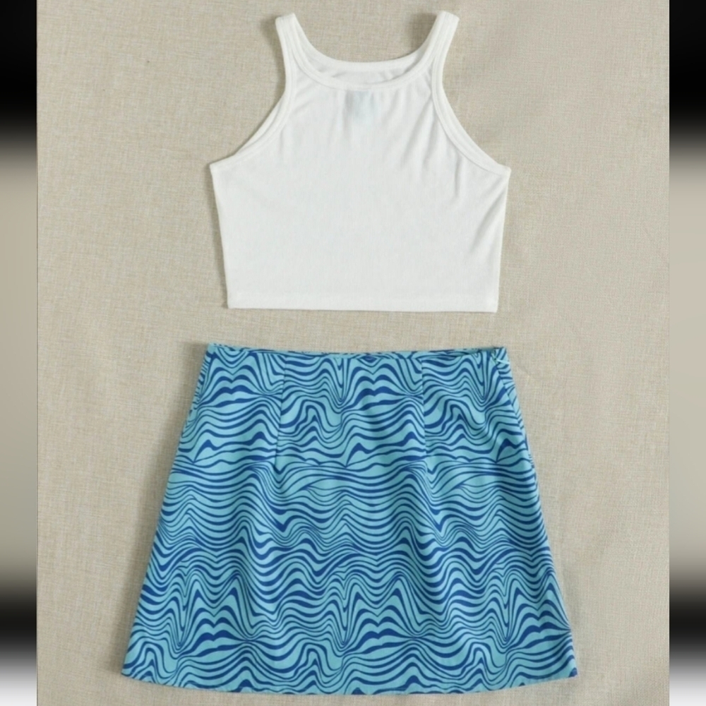 SHEIN Yin & Yang Embroidery Crop Tank & Wave Print Notched Hem Skirt Set Size S - Picture 5 of 13